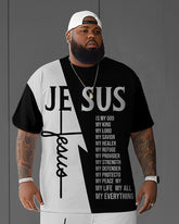 Men's Plus Size Jesus Faith Contrast Color Short Sleeve T-Shirt Shorts Suit